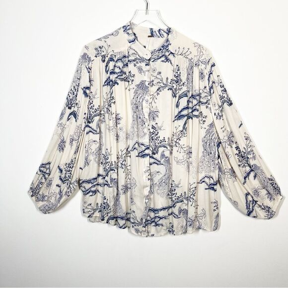 Free People Womens Size Small Oversized Cream Blue Floral Metallic Blooms Blouse - Picture 9 of 16